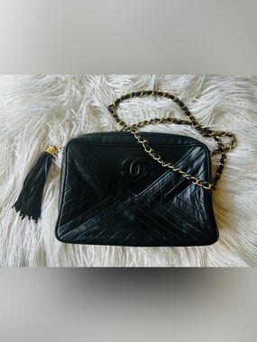 Chanel Black Quilted Leather Camera Bag with Gold Chain